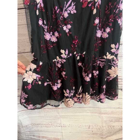 Adrianna Papell Womens Floral Sequined Cocktail Dress Black Pink Size 16W NWT - Picture 3 of 15